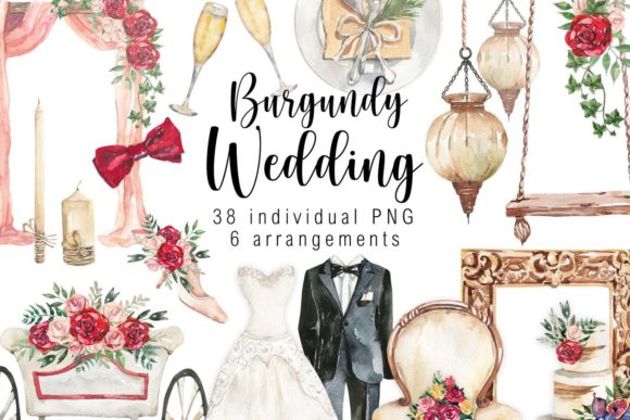 Elegant Watercolor Burgundy Wedding Clipart for Your Designs
